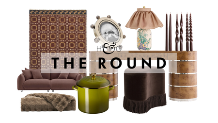Labor Day home decor deals for fall, including a geometrically patterned chocolate brown rug, mauve sofa, Cozy Earth throw, Le Creuset pot, fringed ottoman, burl wood console, skirted lamp, and more