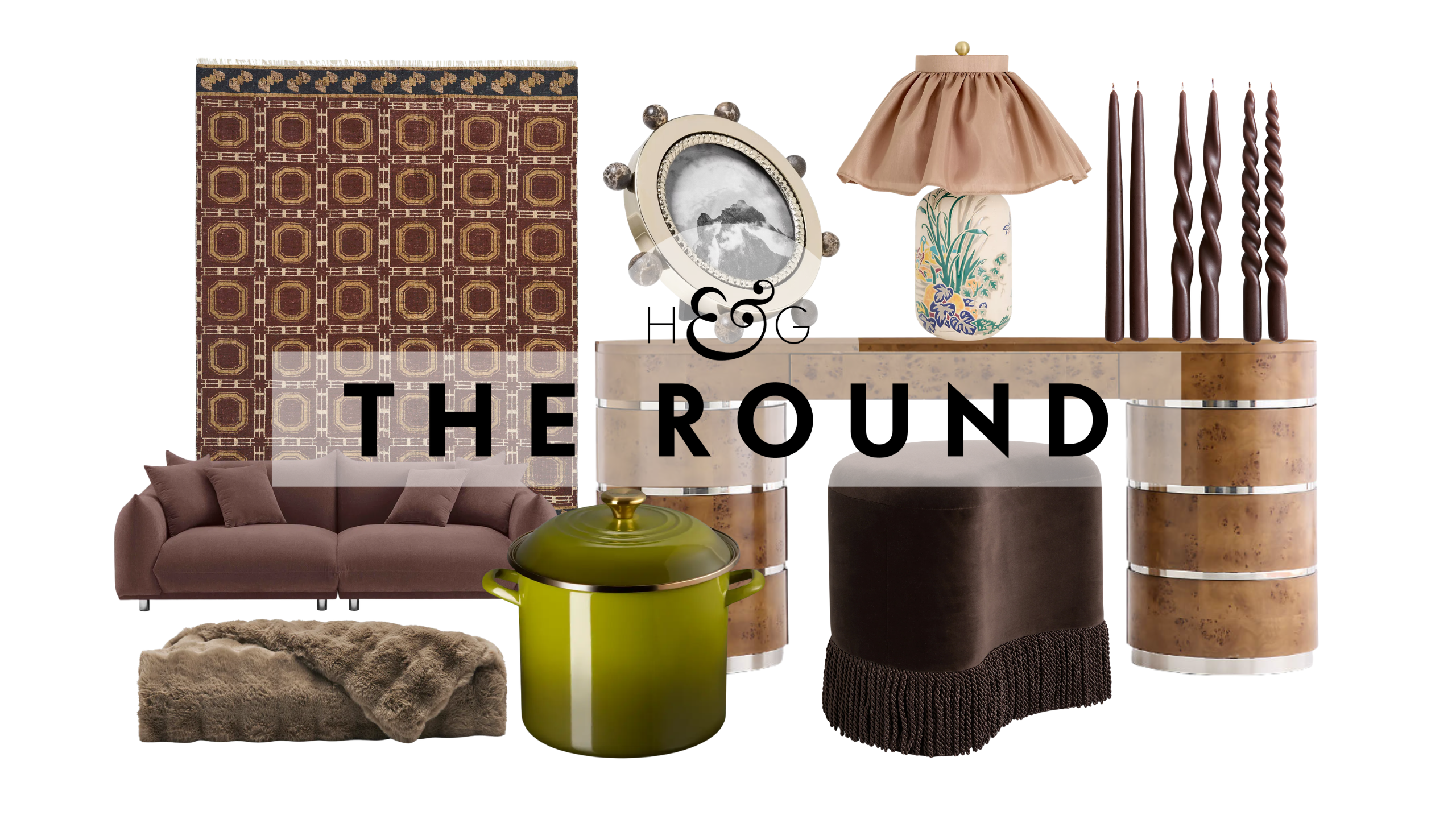 Labor Day home decor deals for fall, including a geometrically patterned chocolate brown rug, mauve sofa, Cozy Earth throw, Le Creuset pot, fringed ottoman, burl wood console, skirted lamp, and more