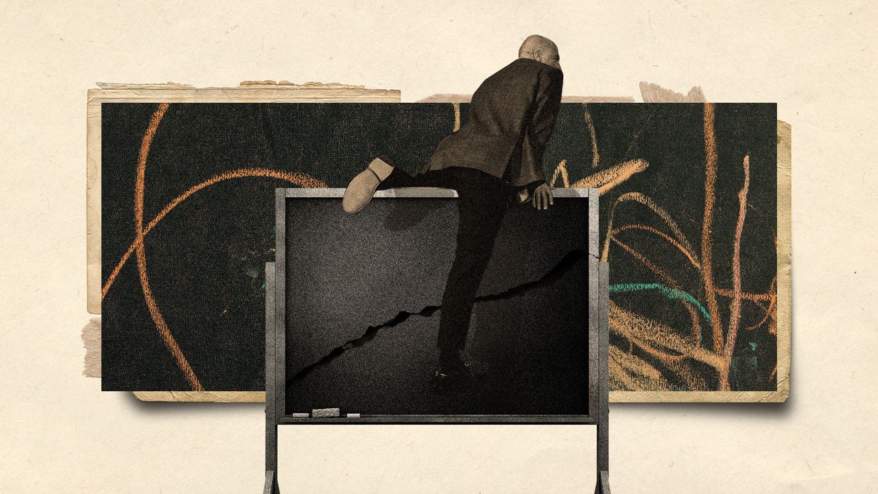 Photo collage of a bald man in a blazer climbing over a cracked blackboard. In the background, there&#039;s colourful chalk scribbles.