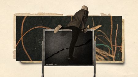 Photo collage of a bald man in a blazer climbing over a cracked blackboard. In the background, there's colourful chalk scribbles.