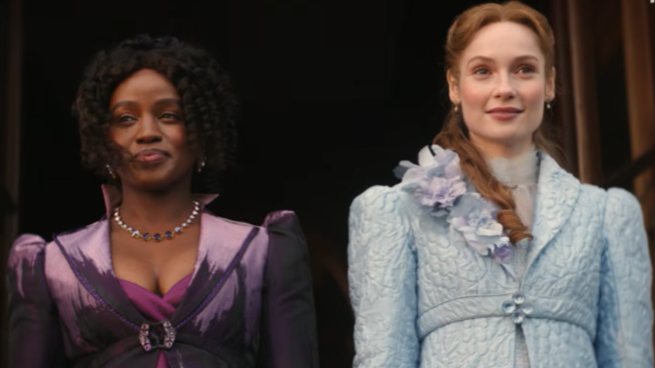 Michaela and Frnacesca standing next to each other and smiling in Bridgerton's Season 5 announcement. 