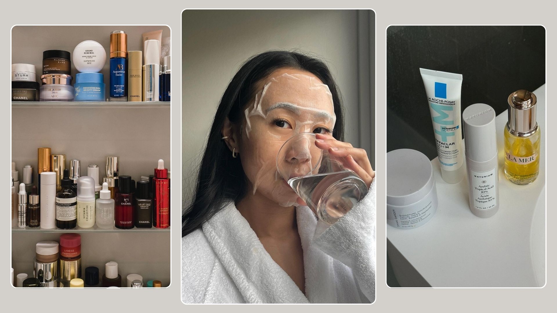 A collage of skincare products and a photo of @leatngu wearing a sheet mask and drinking a glass of water