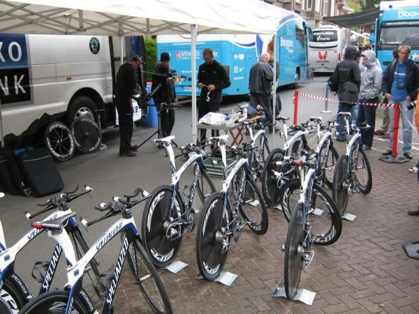 The Saxo Bank Specialized bikes await their riders