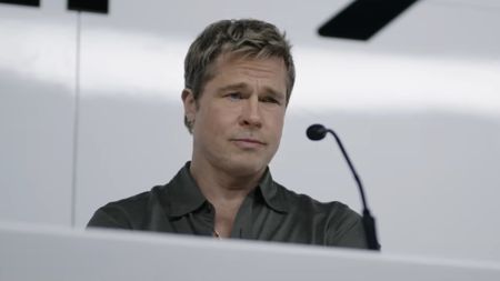 Sonny Hayes (Brad Pitt) speaks to the press in F1.