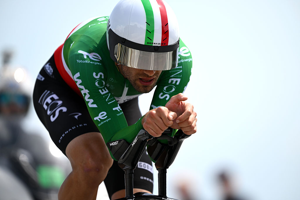 MASSA, ITALY - MAY 19: Filippo Ganna of Italy and Netcompany INEOS Cycling Team competes during the 109th Giro d'Italia 2026, Stage 10 a 42km individual time trial stage from Viareggio to Massa / #UCIWT / on May 19, 2026 in Massa, Italy. (Photo by Dario Belingheri/Getty Images)