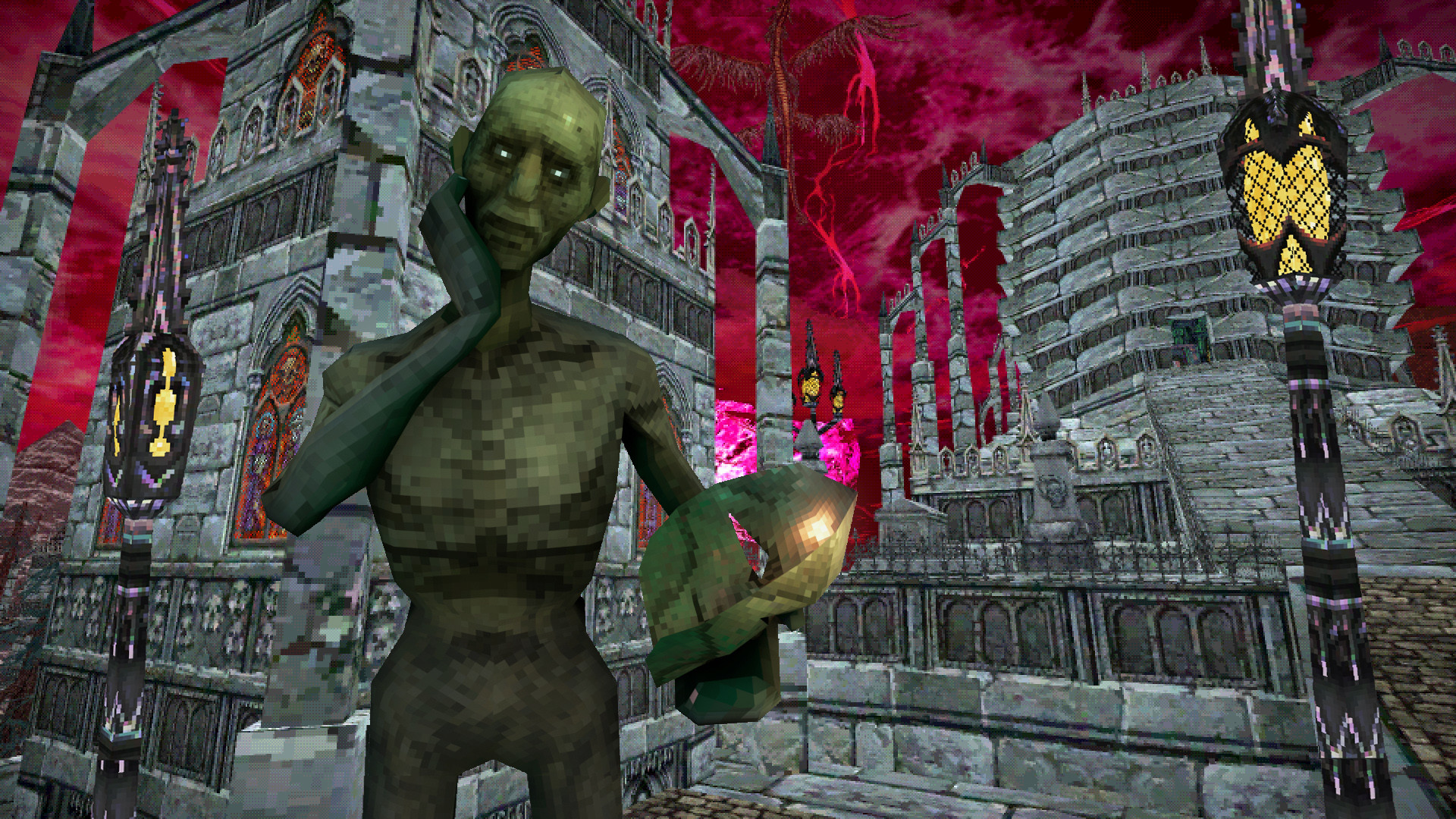 A green zombie standing in front of a grand building with a red sky during the RPG Dread Delusion.