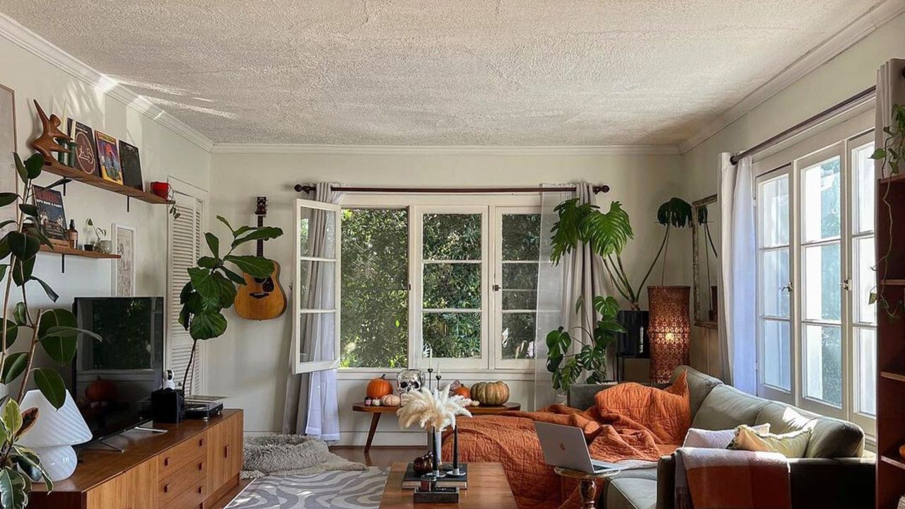 A small living room with a couch, window, shelving, and a white ceiling