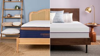 The Brooklyn Bedding Copperflex Pro Hybrid mattress on wooden bedframe in sleep studio vs Purple mattress on wooden bedframe with grey cushions in bedroom with lilac wall