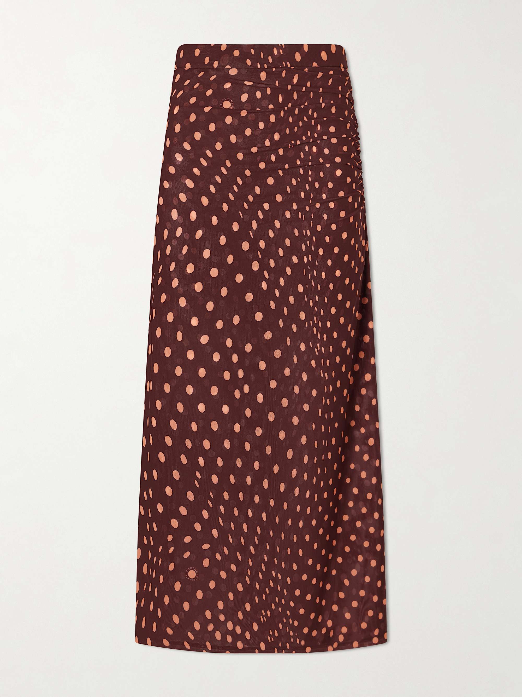 Gathered Polka-Dot Mesh Midi Skirt