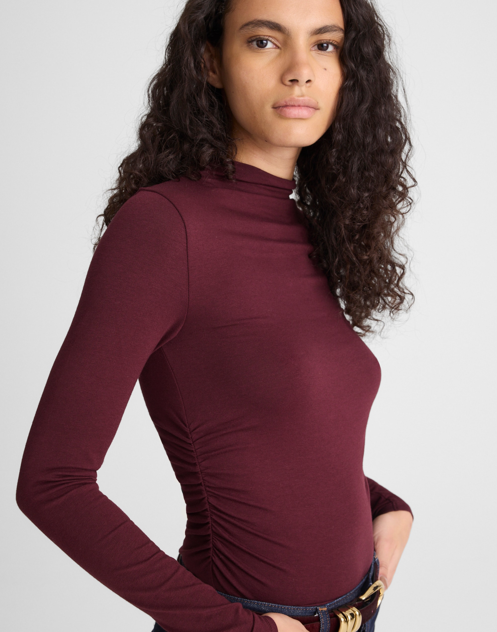 Ruched Mockneck Long-Sleeve Top