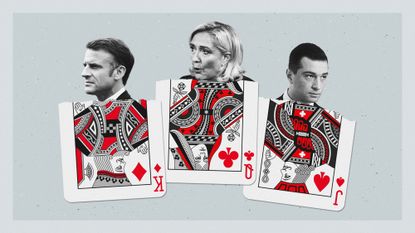 Illustration of Emmanuel Macron, Marine Le Pen and Jordan Bardella alongside playing cards with king, queen and jack faces