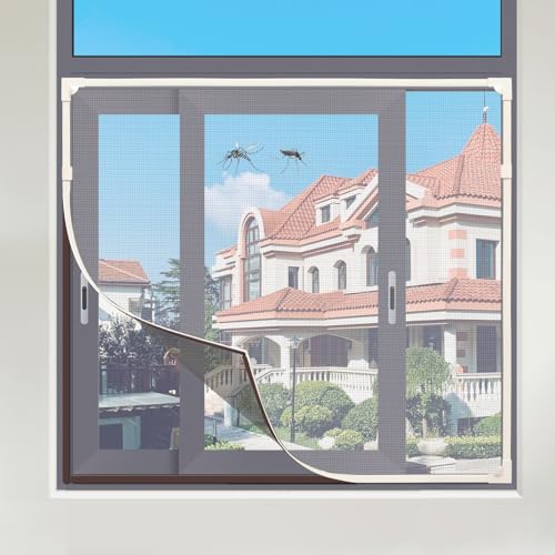 Magnetic Window Screen, Diy Window Screen for House Adjustable Fiberglass Mesh White Frame Grey Net Self Adhesive Easy Installation (47"x51"(120x130cm))