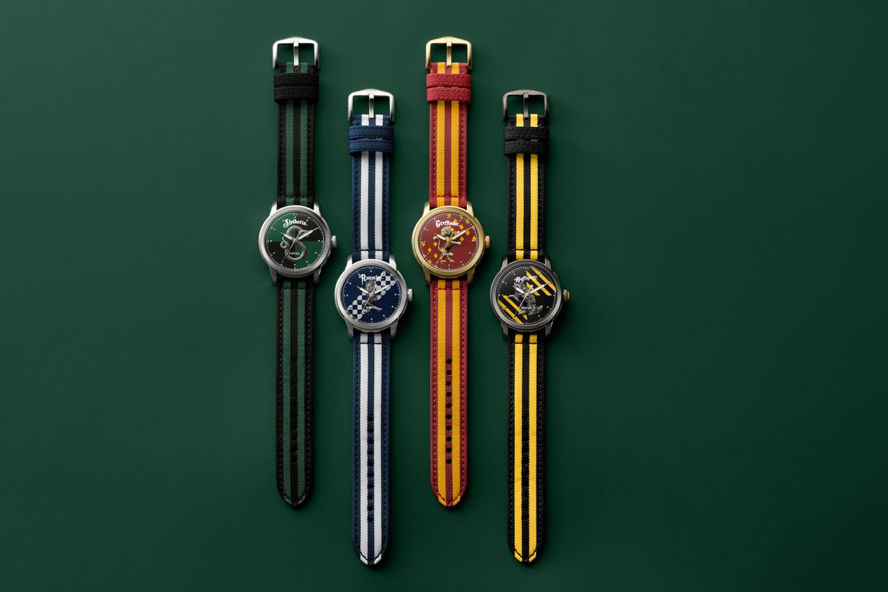 The Harry Potter x Fossil Nylon watch collection, on a green background