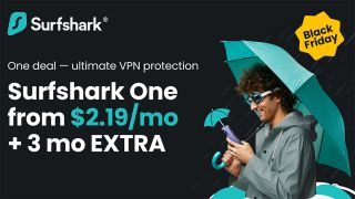 Person wearing swimming goggles and holding a blue umbrella and smartphone. Surfshark texts is promoting its $2.19 Surfshark One Black Friday deal