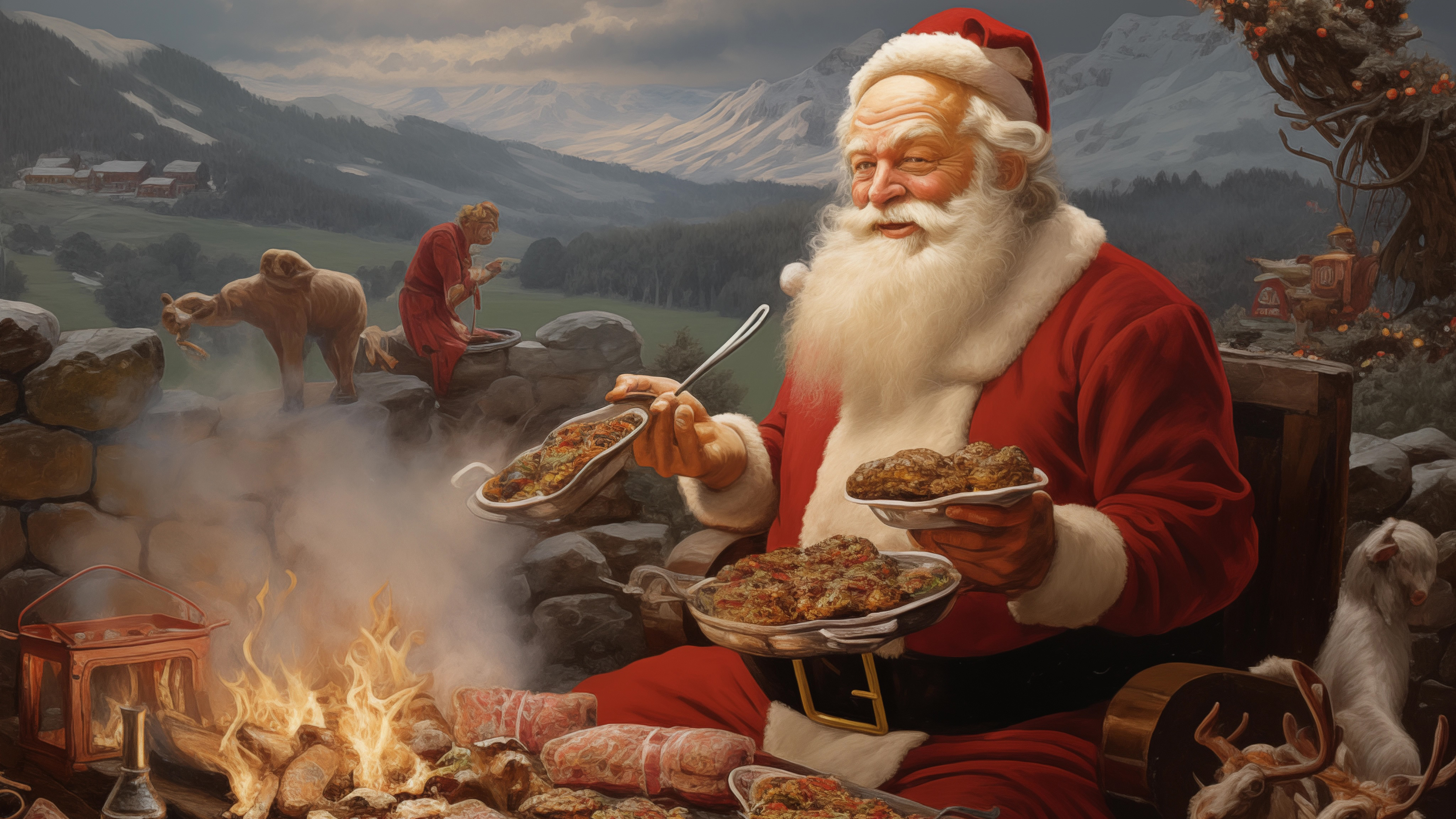 Санта готовит еду на открытом барбекю