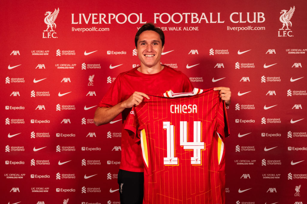 Federico Chiesa new signing of Liverpool at AXA Training Centre on August 28, 2024 in Kirkby, England.