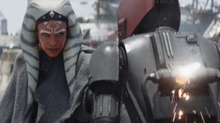 Ahsoka Tano stabs her lightsaber through an Empire droid in her Star Wars Disney Plus show