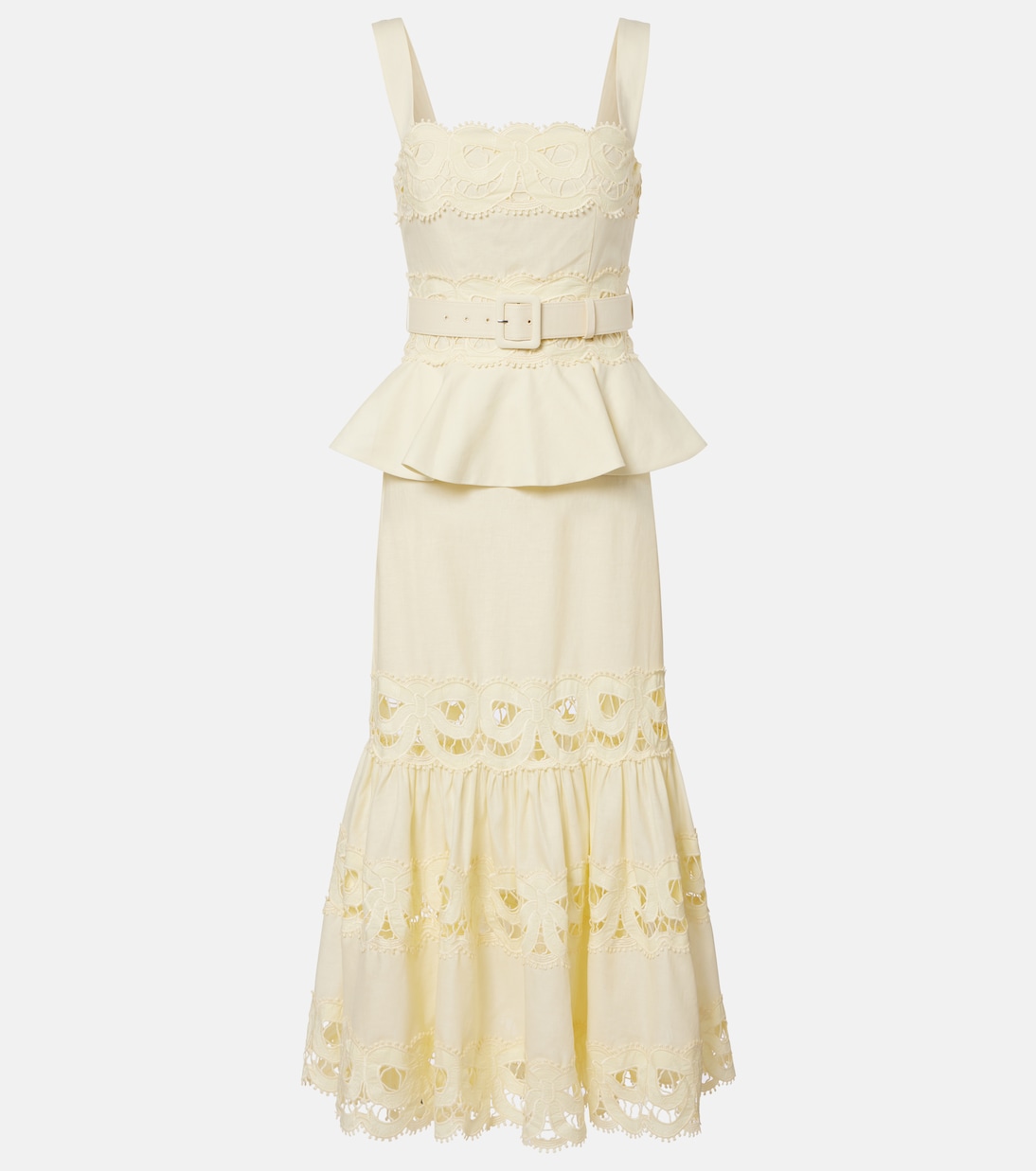 Belted Crochet-Trimmed Linen and Cotton Midi Dress