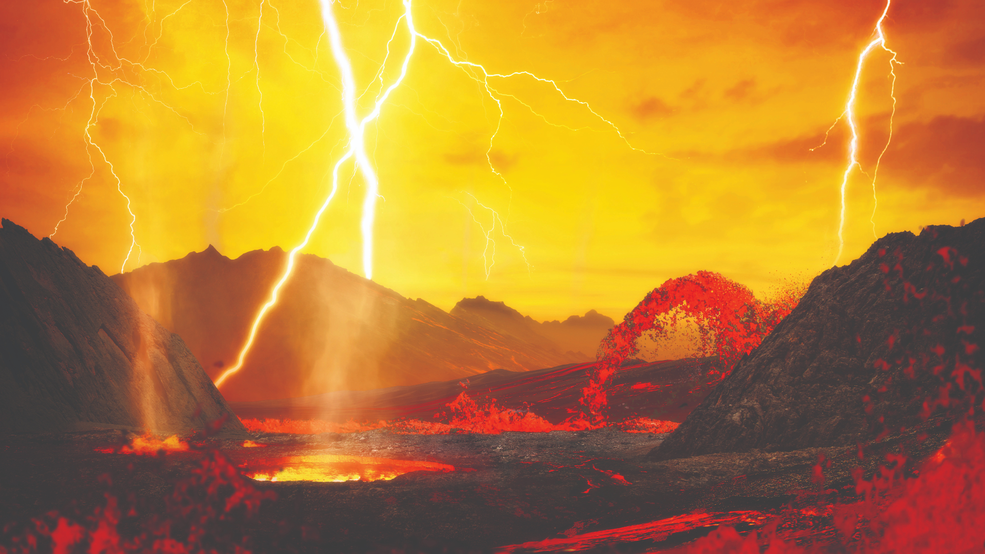 Artist's illustration showing molten lava lakes in the foreground and a bright lightning strikes appearing from a hazy yellow sky.