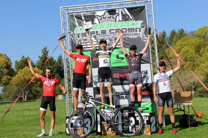 Bonelli Park elite men's Pro XCT podium: Antoine Carron (Specialized Canada), Todd Wells (Specialized), Jeremiah Bishop (Sho-Air/Cannondale), Raphael Gagne (Rocky Mountain), Sam Schultz (Trek Factory)