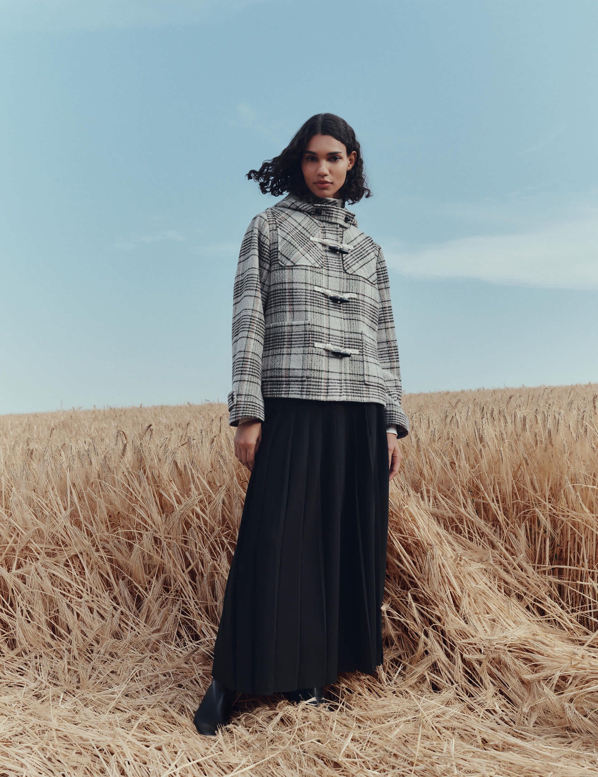 Checked Hooded Duffle Coat With Wool