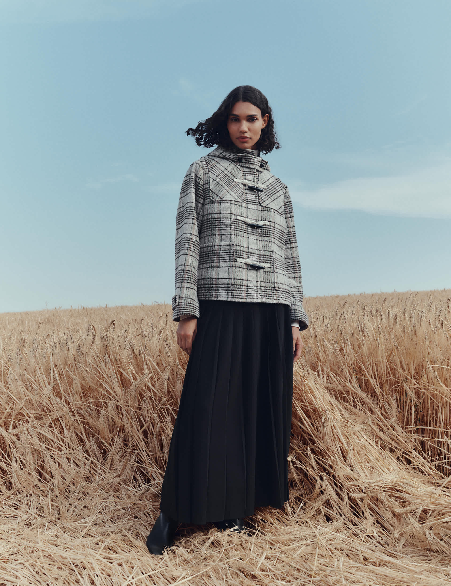 Checked Hooded Duffle Coat With Wool