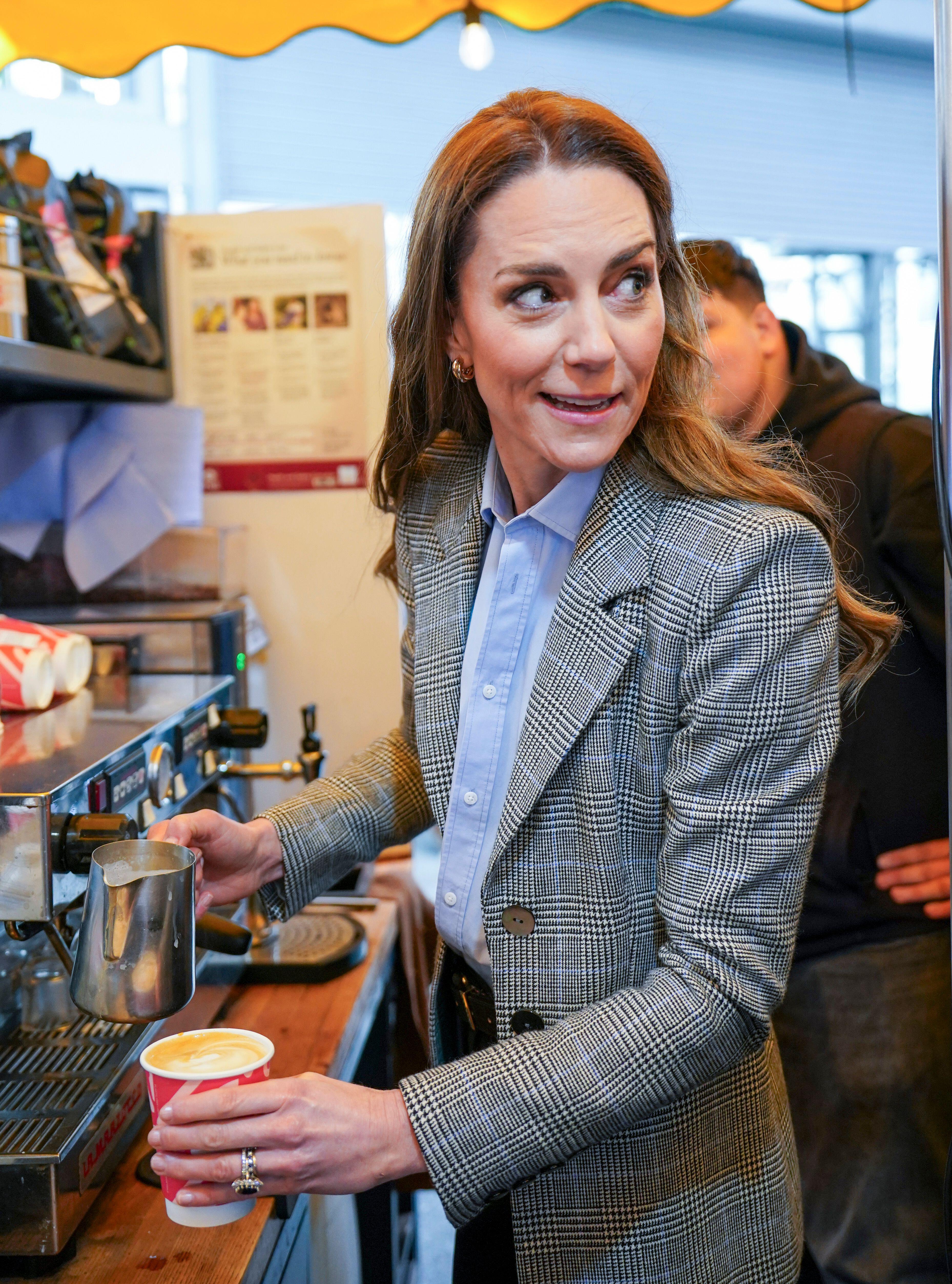 3E0FXCF The Princess of Wales making a cappuccino for the Prince of Wales during a visit to Borough market in London. Picture date: Thursday March 12, 2026.