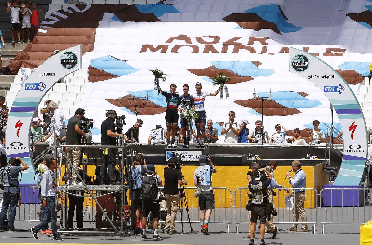 The La Course podium in the Orange Velodrome podium