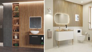 Japandi inspired bathroom trends examples with natural wood walls and rustic accessories