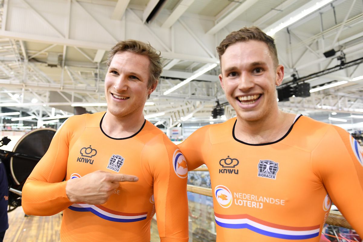 Picture by Simon Wilkinson/SWpix.com - 21/10/2021 - Cycling - Tissot 2021 UCI Track Cycling World Championships - Men&acirc;s Keirin - Stab Velodrome, Roubaix, France - Harrie Lavreysen of the Netherlands wins the men's Keirin Final with teammate Jeffrey Hoogland of the Netherlands in second
