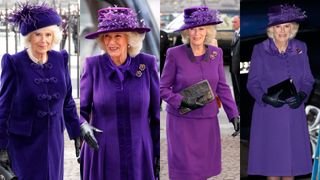 Queen Camilla wearing dark purple outfits on four occasions