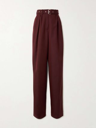 Belted Pinstriped Wool-Blend Wide-Leg Pants