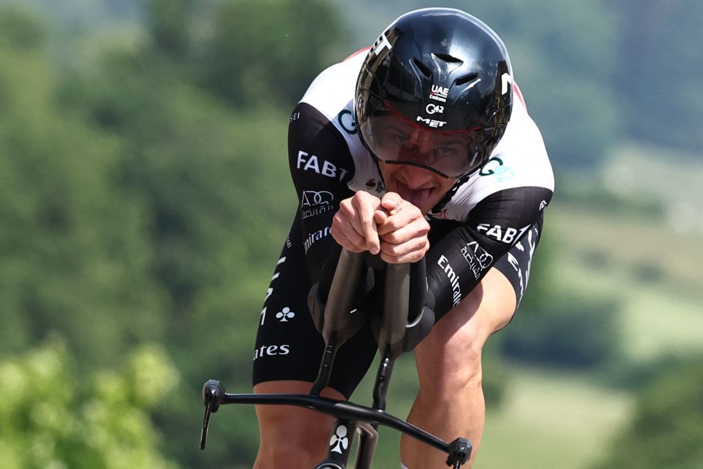 UAE Team Emirates Danish rider Mikkel Bjerg competes in the fourth stage of the 75th edition of the Criterium du Dauphine cycling race individual time trial 311km between Cours to Belmont de La Loire France on June 7 2023 Photo by AnneChristine POUJOULAT AFP Photo by ANNECHRISTINE POUJOULATAFP via Getty Images