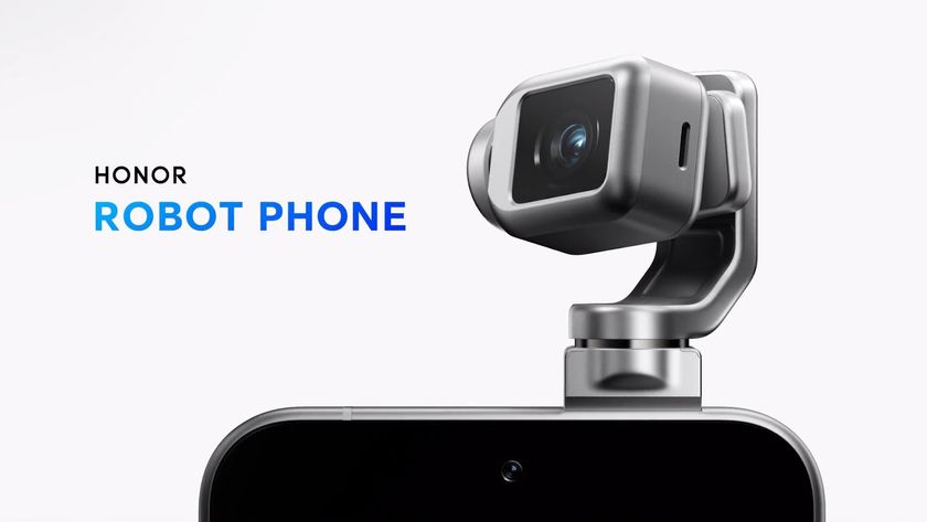 The Honor Robot Phone teaser, which shows the phone with an Apple iPhone 17 Pro-style camera bar and a flip-up camera on a gimbal.