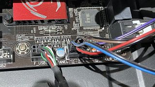 PC case front panel connectors on a motherboard