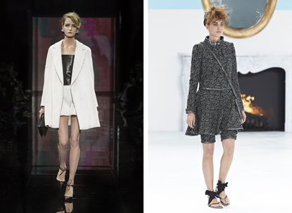 Left Image: Female model on the catwalk, dark background, black stage, whearing a white skirt and long blazer, black top and holding a black clutch bag. Right: Female catwalk model in grey flocked pattern, black bow sandals white background, fireplace with glowing fire, gold oval mirror 