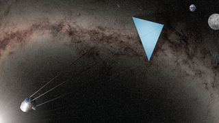 An illustration of a blue, triangular "umbrella" attached to an asteroid in space.