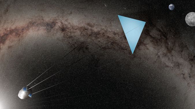 An illustration of a blue, triangular &quot;umbrella&quot; attached to an asteroid in space.