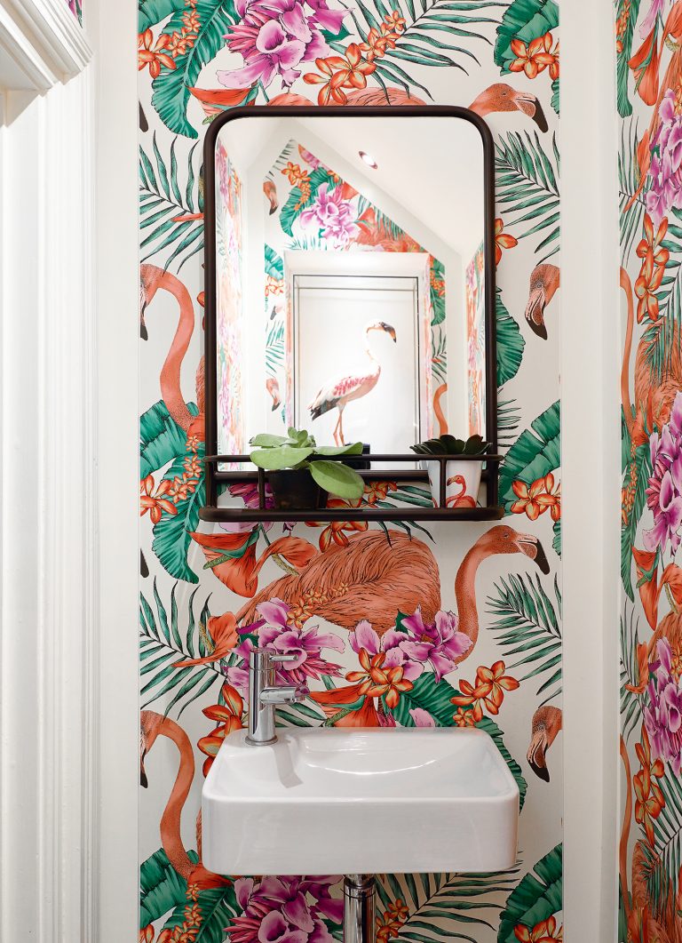 flamingo wallpaper in bathroom