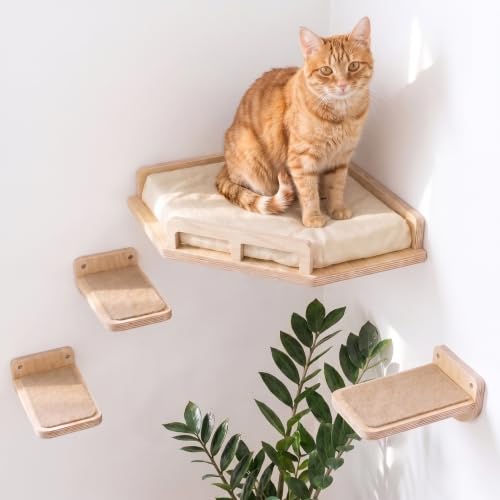 Inicio Cat Wall Shelves - Safe and Sturdy Cat Wall Furniture - Stylish Natural Wood Corner Shelf With 3 Steps for Cats Up to 8kg - Padded Perch and Stairs for Climbing and Playing