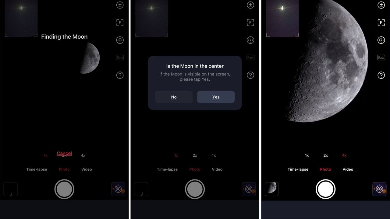 screenshots of the moon from the ZWO SeeStar S30 Pro app