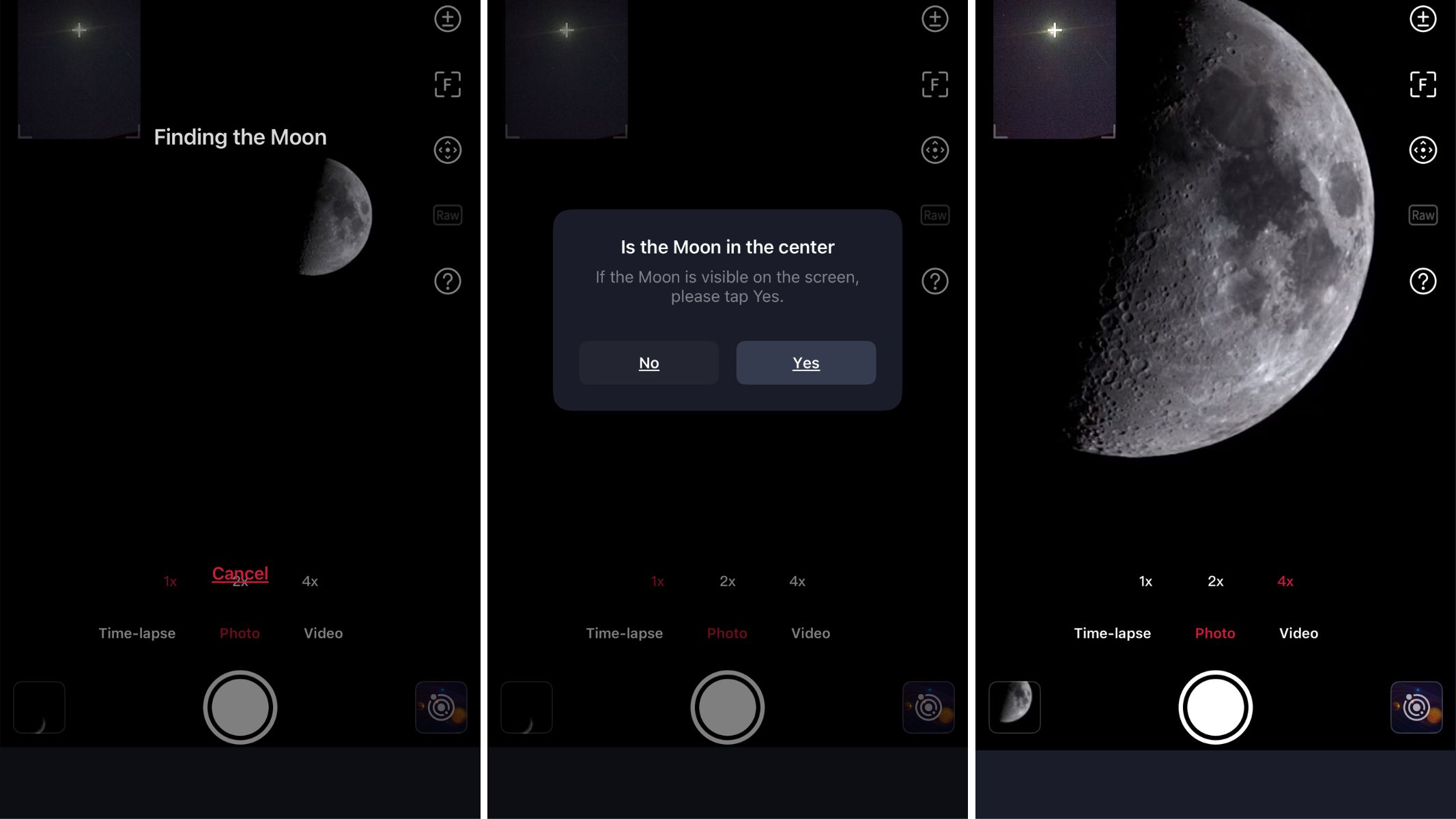 screenshots of the moon from the ZWO SeeStar S30 Pro app