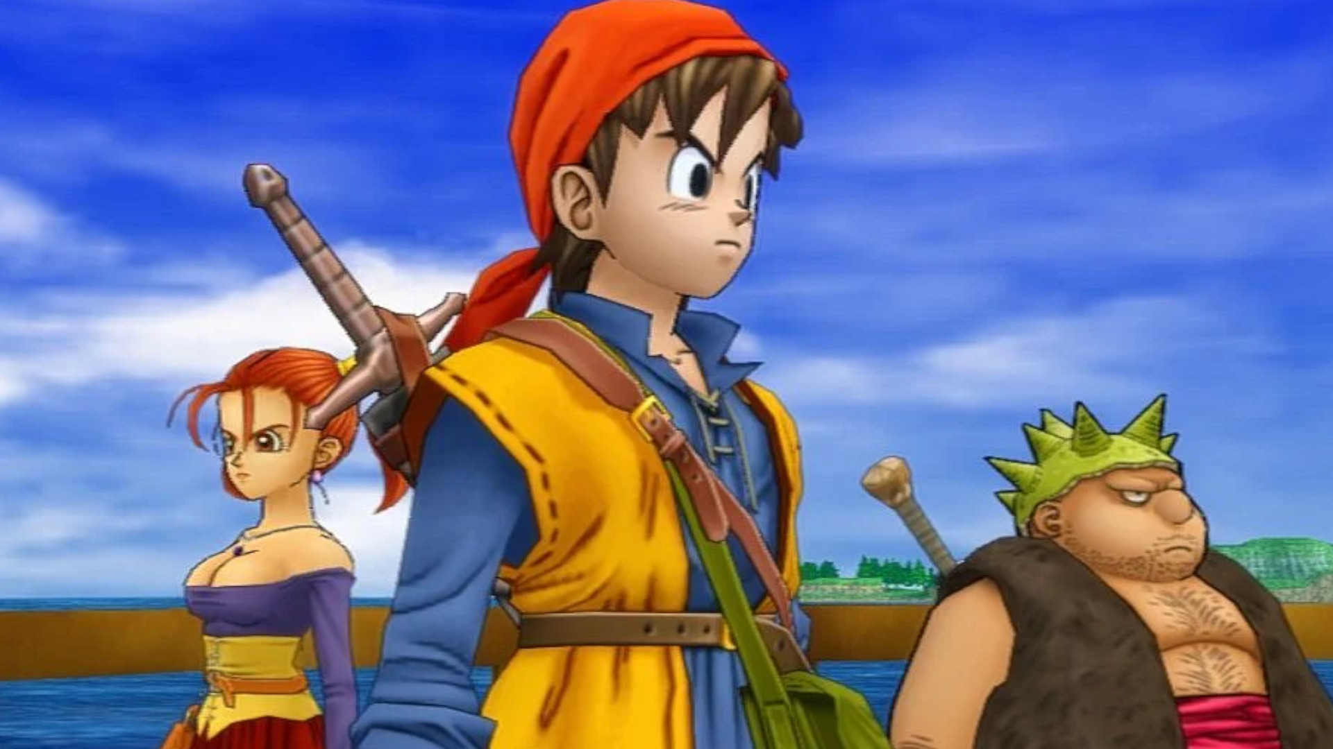 The hero standing with Yangus and Jessica during the RPG Dragon Quest 8: Journey of the Cursed King