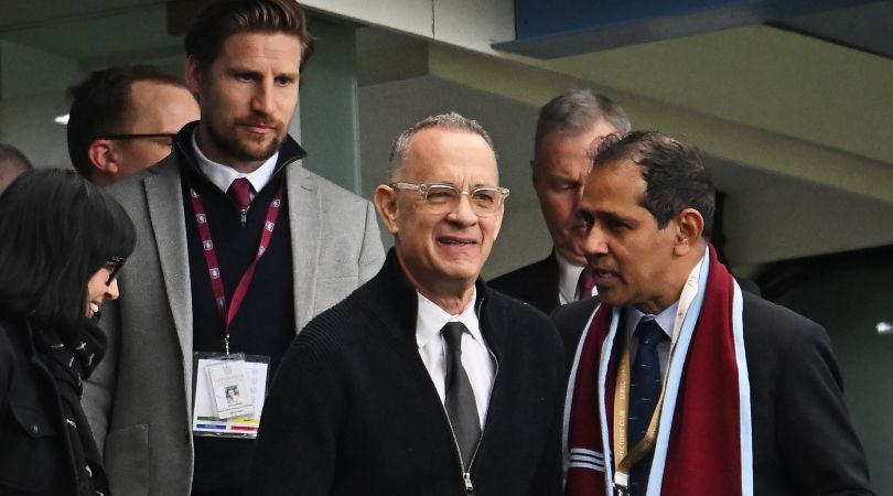 Tom Hanks at Villa Park to watch Aston Villa vs Arsenal in the Premier League in February 2023.