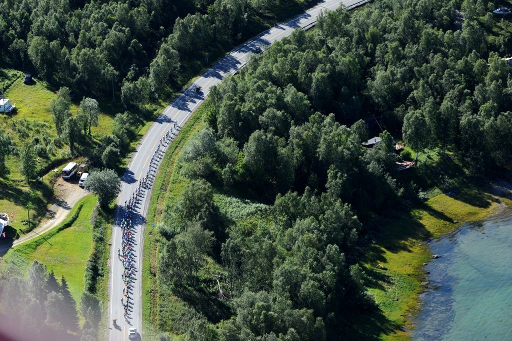 The peloton riding together in the stage