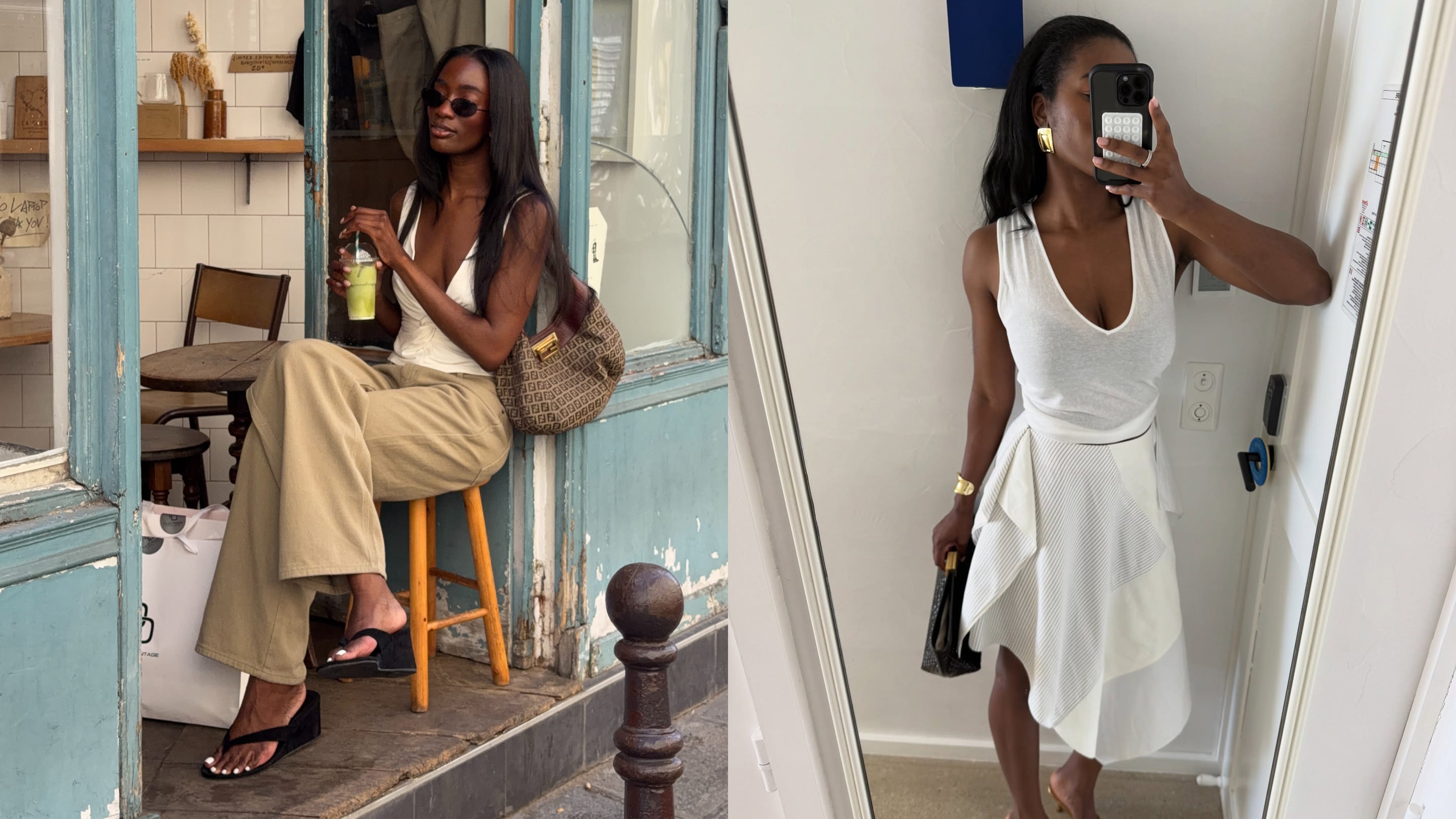 @nlmarilyn wearing a white skirt and top; @_livmadeline wearing a white top and jeans.