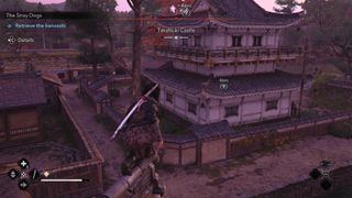 With the sun low in the sky, Naoe observes Takatsuki Castle from a nearby rooftop in Assassin's Creed Shadows