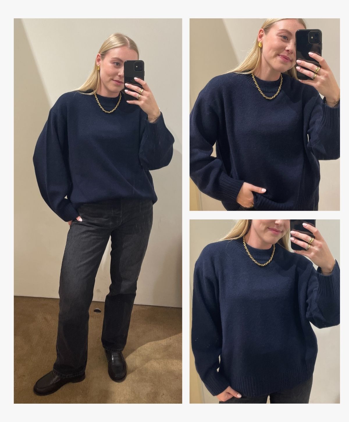Woman wears navy sweater, black jeans and black loafers