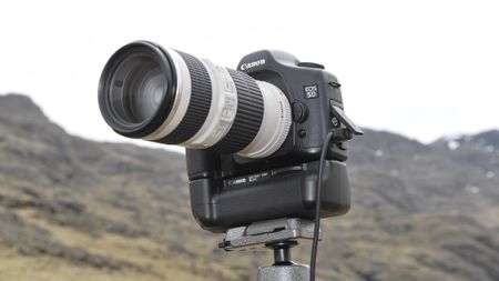 A tripod-mounted Canon EOS 5D camera with EF 70 20040 l USM telephoto zoom lens, in Lake District National Park, on March 31, 2009.