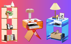 Two cut-outs of acrylic nightstands and an acrylic bookcase on a pink and purple gradient background